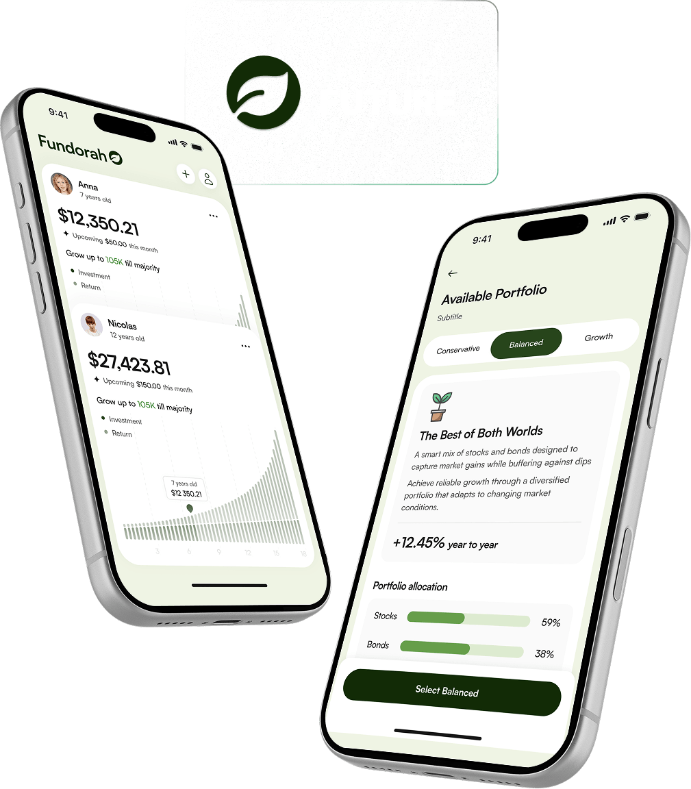 Fundorah mobile app displayed on two phones with family investment portfolios